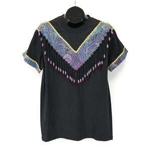 Vintage Hanes Beaded Fringe Short Sleeve Tee Adult Medium Black Embellished 90s